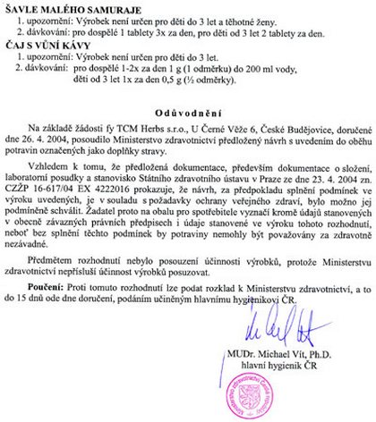 Schv�len� St�tn�m zdravotn�m �stavem (SZ�) a Ministerstvem zdravotnictv� �R o zdravotn� nez�vadnosti bylinn�ch tablet a kuli�ek WAN.