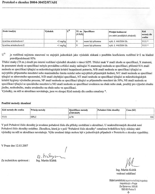Vy�et�en� St�tn� zem�d�lskou a potravin��skou inspekc� (SZPI), potvrzuj�c� nep��tomnost kyseliny aristolochov� u Pilulky ho�ce - k�d 014